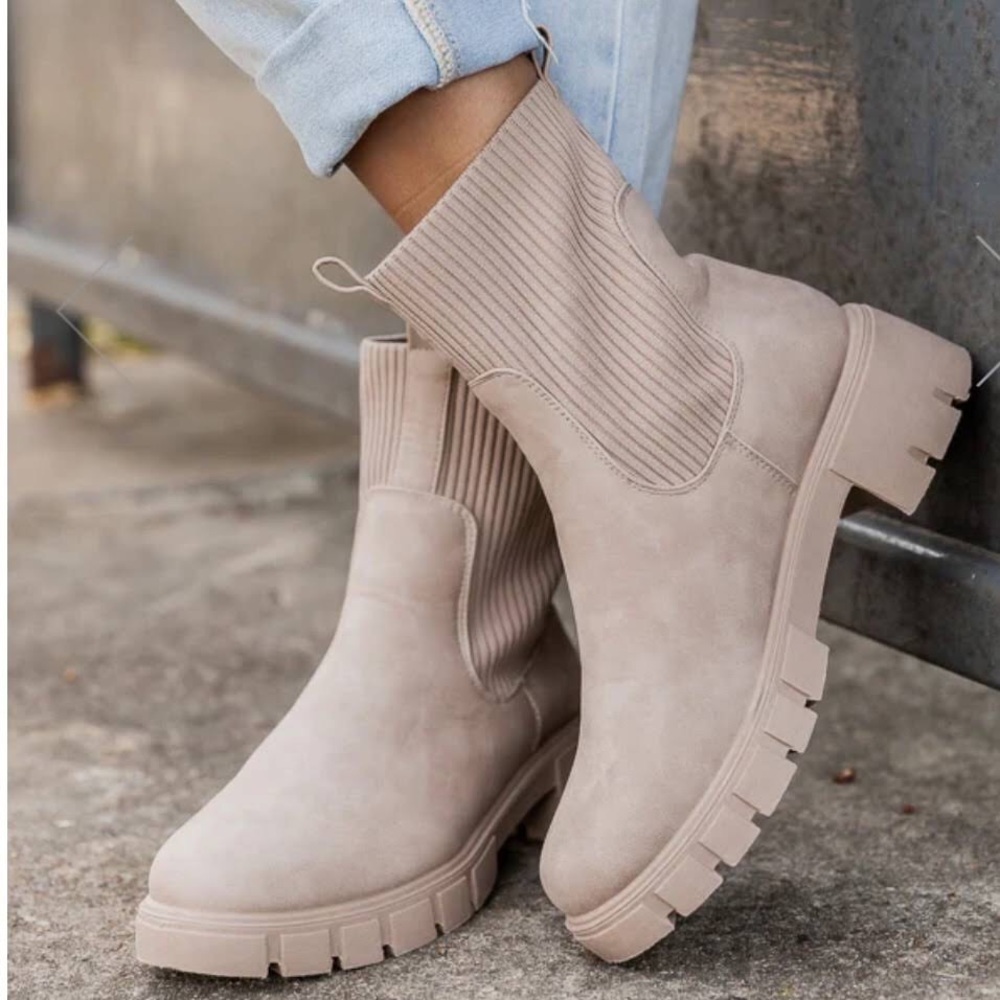 Qupid Beige Chunky Lug Sole Platform Elastic Sock Ankle Bootie Boots wom…